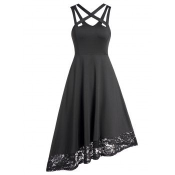 

Plain Color Dress Lace Panel Cut Out Crossover Asymmetrical Hem V Neck High Waisted A Line Midi Dress, Black
