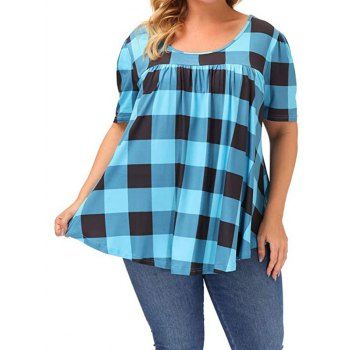 

Plus Size T Shirt Plaid Print Ruched Round Neck Short Sleeve Tee, Blue