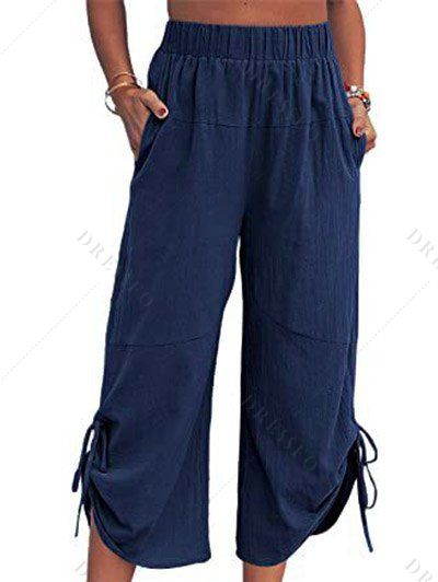 Pantalon Lâche en Couleur Unie à Taille Elastique à Jambe Large - Bleu profond XL