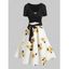 Flower Print Empire Waist Mini Lace Panel Mock Button Ruched Dress And Crossover Tied Cropped Top Casual Outfit - multicolor S