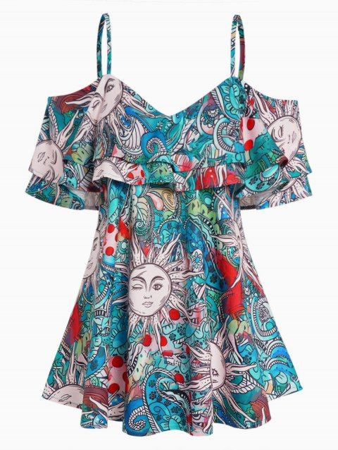 Celestial Sun Floral Paisley Allover Print Blouse Cold Shoulder Layered Flounce Strappy Blouse