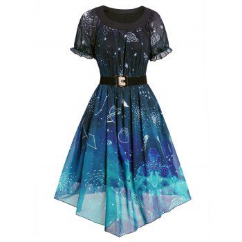 

Galaxy Planet Moon Print Chiffon Dress Belted Puff Sleeve Asymmetric Dress, Black