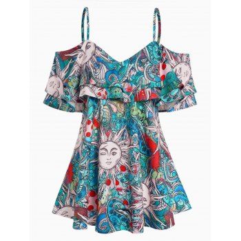 

Celestial Sun Floral Paisley Allover Print Blouse Cold Shoulder Layered Flounce Strappy Blouse, Green