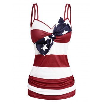 

Stripe Print Ruched Tank Top Star Bowknot Adjustable Strap Casual Tank Top, Red