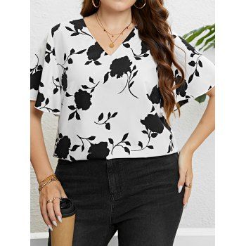 

Plus Size T Shirt Flower Leaf Print V Neck Flutter Sleeve Casual Tee, White