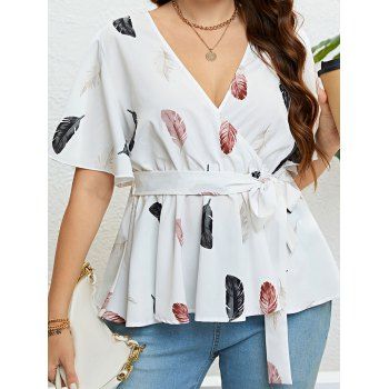 

Plus Size Blouse Colored Feather Print Surplice Plunging Neck Self Belted Flutter Sleeve Blouse, White