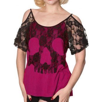 

Plus Size & Curve Cold Shoulder T-shirt Rose Skull Print Colorblock Lace Panel Short Sleeve Tee, Multicolor