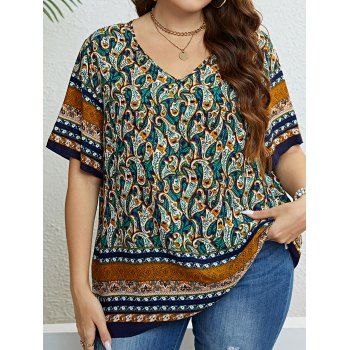 

Plus Size Blouse Ethnic Style Paisley Print V Neck Short Sleeve Casual Blouse, Coffee