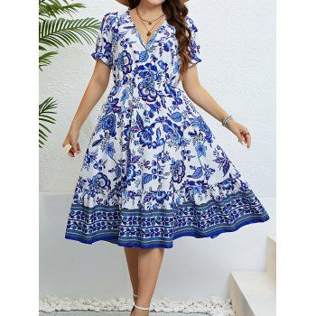 

Plus Size Dress Flower Leaf Print Surplice Plunging Neck High Waisted A Line Midi Vacation Dress, Blue