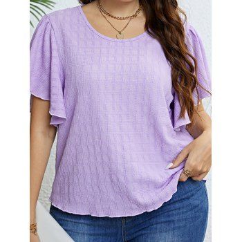 

Plus Size T Shirt Textured Plain Color Ruffle Sleeve Round Neck Casual Tee, Light purple