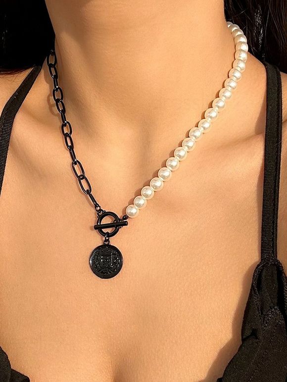 Collier Pendant Géométrique Gothique Bicolore en Fausse Perle - Noir 