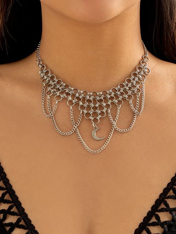 Collier Pendant Chaîne Lune Style Punk - Argent 