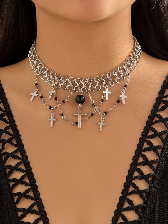 Collier Chaîne Gothique Croisé Perlé - Argent 