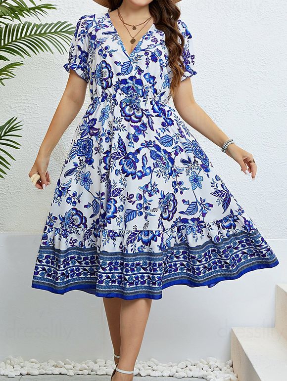 Plus Size Dress Flower Leaf Print Surplice Plunging Neck High Waisted A Line Midi Vacation Dress - BLUE 4XL