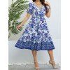 Plus Size Dress Flower Leaf Print Surplice Plunging Neck High Waisted A Line Midi Vacation Dress - BLUE 4XL