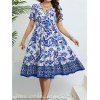 Plus Size Dress Flower Leaf Print Surplice Plunging Neck High Waisted A Line Midi Vacation Dress - BLUE 4XL