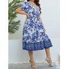 Plus Size Dress Flower Leaf Print Surplice Plunging Neck High Waisted A Line Midi Vacation Dress - BLUE 4XL