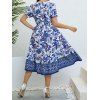 Plus Size Dress Flower Leaf Print Surplice Plunging Neck High Waisted A Line Midi Vacation Dress - BLUE 4XL