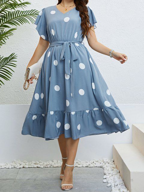Plus Size Dress Polka Dots V Neck Flounce Ruched Flutter Sleeve Belted A Line Midi Dress
