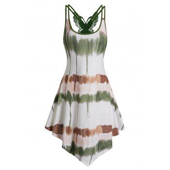 

Tie Dye Print Asymmetric Dress Butterfly Lace Insert Dual Strap Cami Dress, Green