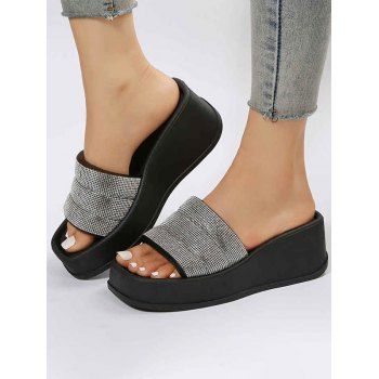 

Sequined Open Toe Slip On Thick Platform Outdoor Slippers, Black