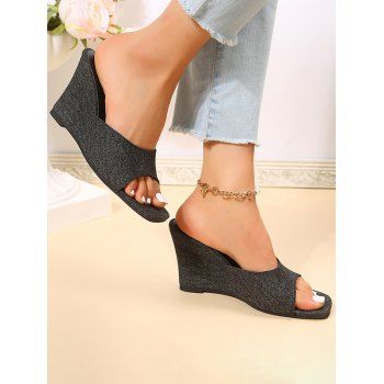 

Open Square Toe Wedge Heels Slip On Canvas Outdoor Slippers, Black