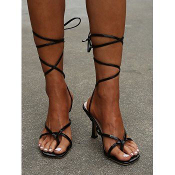 

Plain Color Lace Up Square Toe High Heels Outdoor Sandals, Black