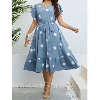 

Plus Size Dress Polka Dots V Neck Flounce Ruched Flutter Sleeve Belted A Line Midi Dress, Blue