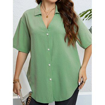 

Plus Size Shirt Plain Color V Notched Turn Down Collar Curved Hem Shirt, Light green