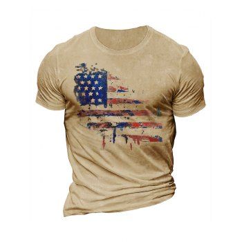 

American Flag Print T-shirt Round Neck Short Sleeve Tee, Light coffee
