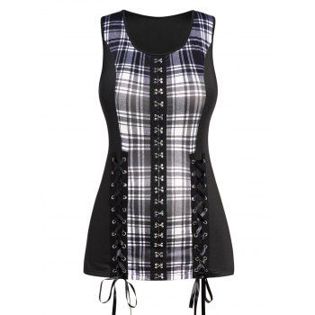 

Plus Size Tank Top Plaid Print Decorated Button Lace Up Long Casual Tank Top, Black