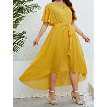 

Plus Size Chiffon Dress Bright Color Keyhole High Low Belted Ruffle Sleeve Maxi Dress, Yellow