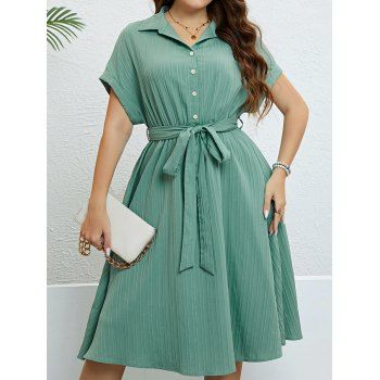 

Plus Size Dress Plain Color Textured Belted Half Button Turn Down Collar A Line Midi Dress, Light green