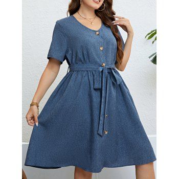 

Plus Size Dress Button Up V Neck Belted High Waisted A Line Midi Dress, Blue