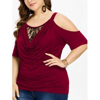 

Plus Size T Shirt Colorbock Lace Panel Draped Cold Shoulder Tee, Red