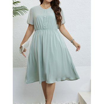 

Plus Size Dress Pastel Color Mock Button Swiss Dots Puff Sleeve A Line Midi Dress, Light green