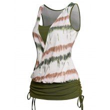 Tie Dye Print Colorblock Faux Twinset Tank Top Cinched Ruched Crossover 2 In 1 TankTop