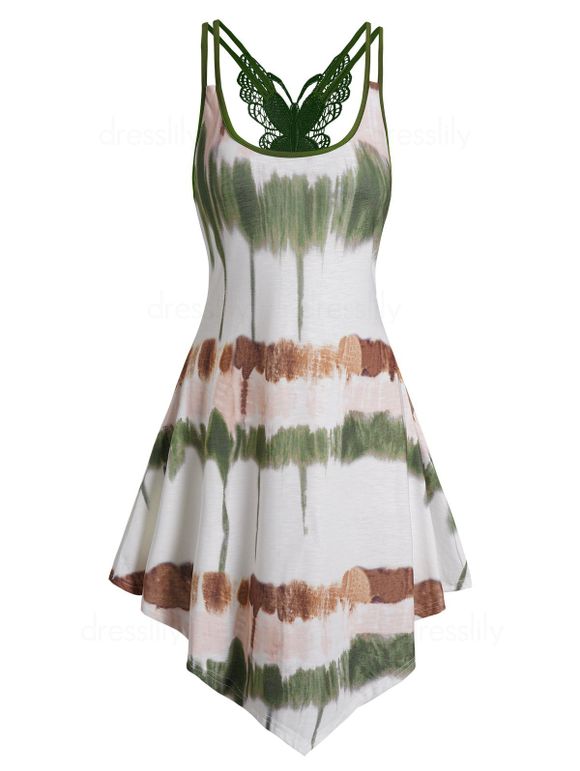 Tie Dye Print Asymmetric Dress Butterfly Lace Insert Dual Strap Cami Dress - GREEN L