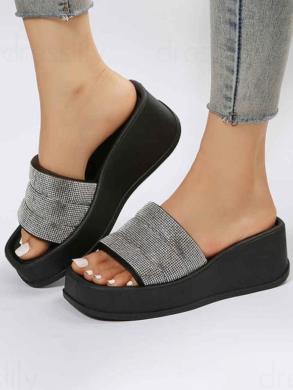 Sequined Open Toe Slip On Thick Platform Outdoor Slippers - Noir EU 42