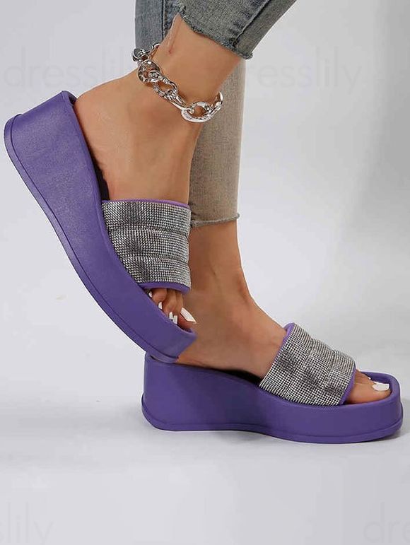 Sequined Open Toe Slip On Thick Platform Outdoor Slippers - Violet EU 38