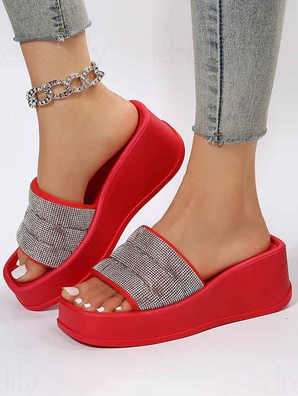 Sequined Open Toe Slip On Thick Platform Outdoor Slippers - Rouge EU 42