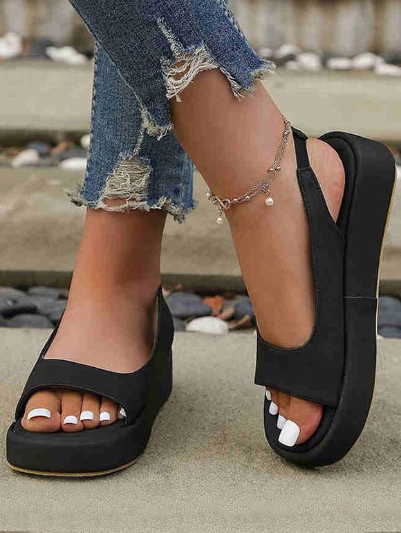 Plain Color Open Toe Slip On Thick Platform Outdoor Sandals - Noir EU 37