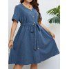 Plus Size Dress Button Up V Neck Belted High Waisted A Line Midi Dress - BLUE 4XL