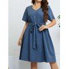 Plus Size Dress Button Up V Neck Belted High Waisted A Line Midi Dress - BLUE 4XL