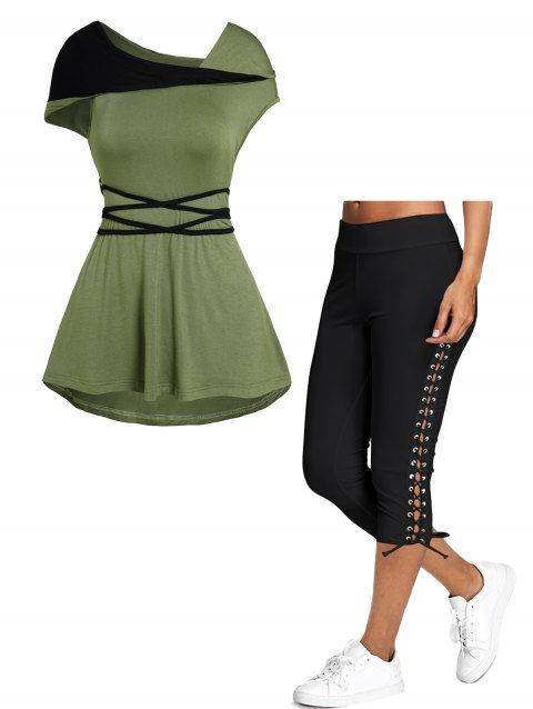 Colorblock High Low Belted Hooded Tank Top And Lace Up Capri Leggings Summer Outfit