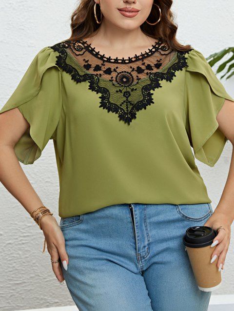 Plus Size Blouse Two Tone Color Lace Panel Tied Back Tulip Sleeve Blouse