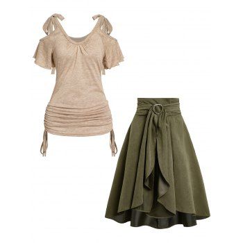 

Cold Shoulder Bowknot Ruched Cinched T Shirt And Self Belted O-ring Ruffle Zipper Fly A Line Midi Skirt Casual Outfit, Multicolor
