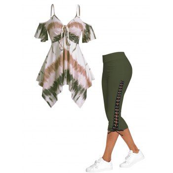 

Tie Dye Print Cold Shoulder Asymmetric Cinched T Shirt And Lace Up Skinny Crop Leggings Casual Outfit, Multicolor