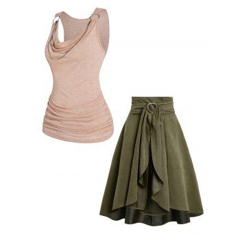 

Cowl Neck Ruched Chain Embellishment Tank Top And Plain Color Self Belted O-ring Ruffle A Line Midi Skirt Outfit, Multicolor