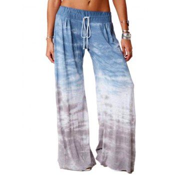 

Ombre Tie Dye Print Wide Leg Pants Drawstring Elastic Waist Casual Long Loose Pants, Light blue